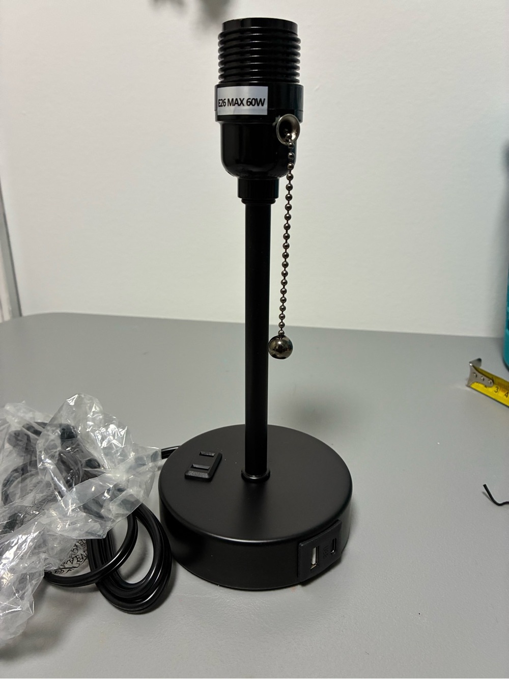 Black Metal Table Lamp Base with Pull Chain